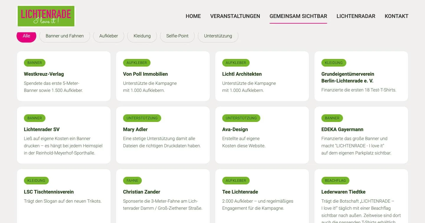 Karten der Unterstützer mit Filter nach Bannern, Aufklebern und mehr