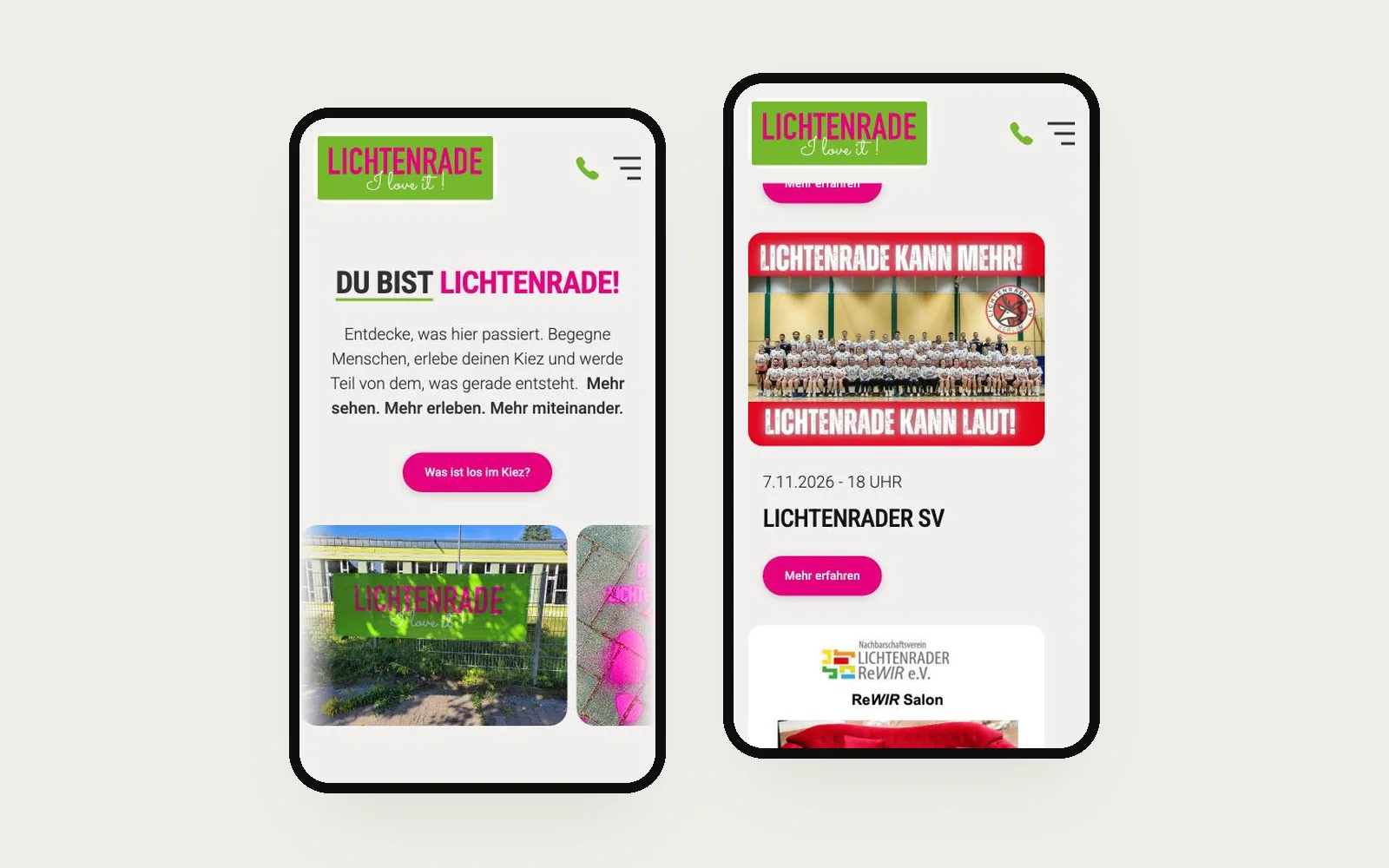LICHTENRADE I love it auf zwei Handys: Startseite und Veranstaltungen
