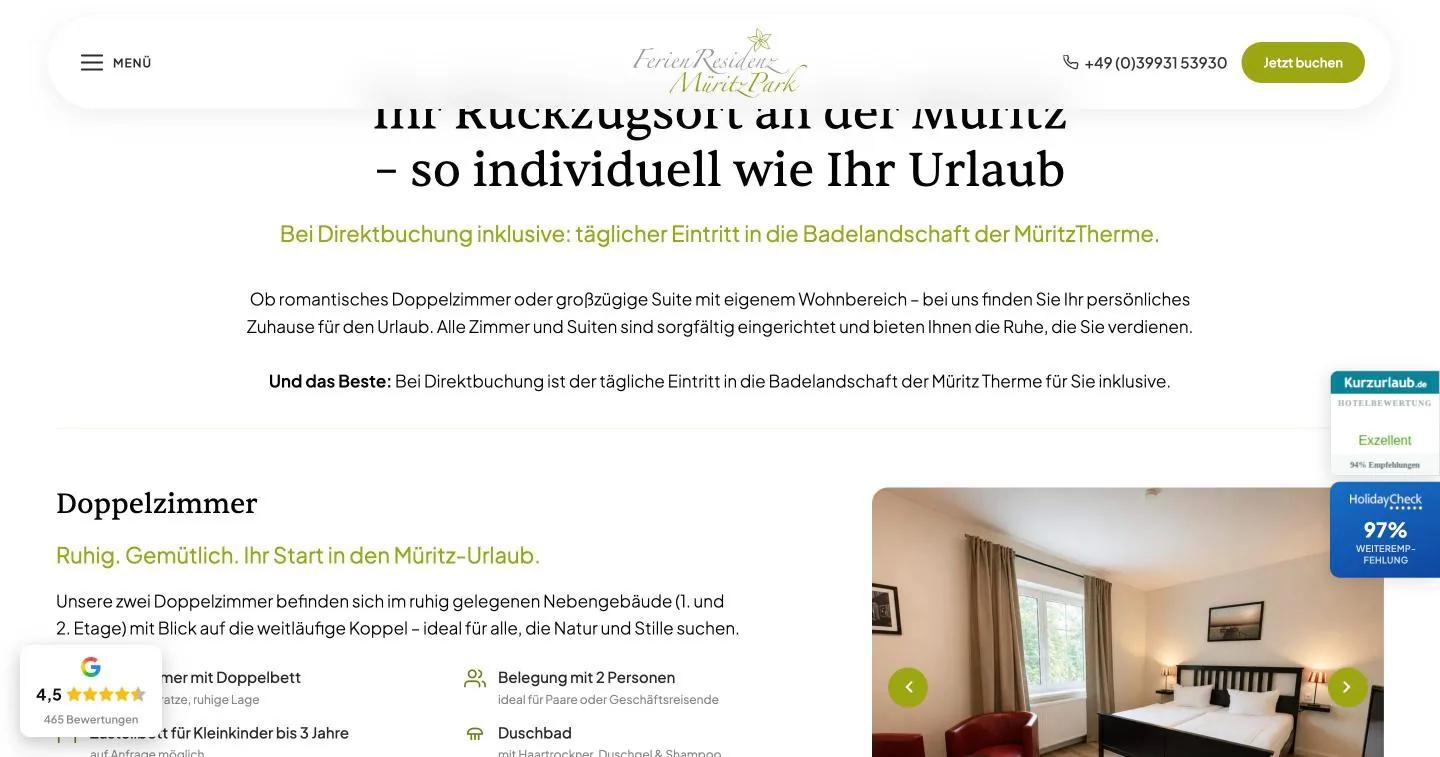 Seite der Zimmer mit Foto, Ausstattung und Google-Bewertung