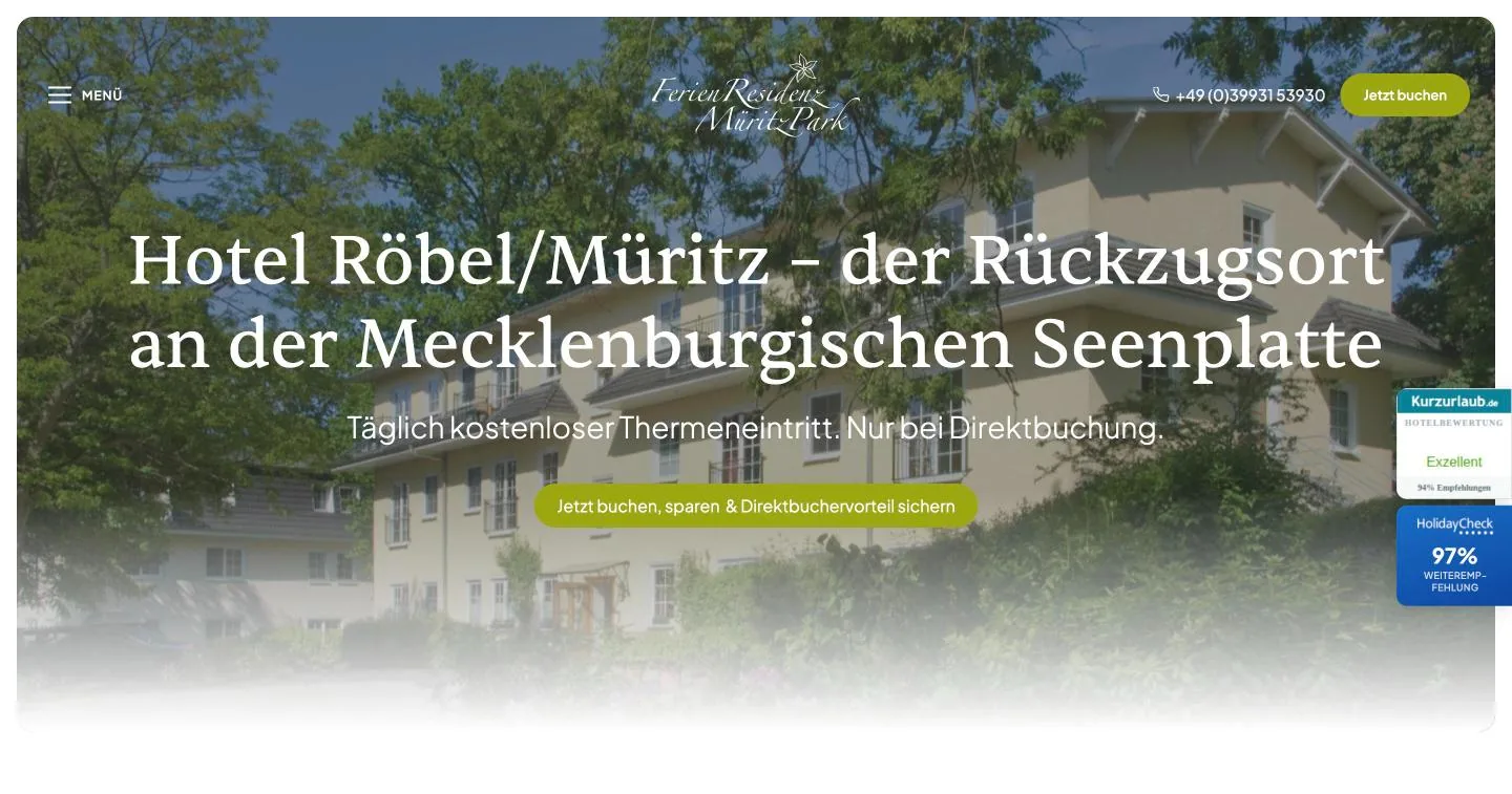Startseite der FerienResidenz MüritzPark mit Foto des Hotels