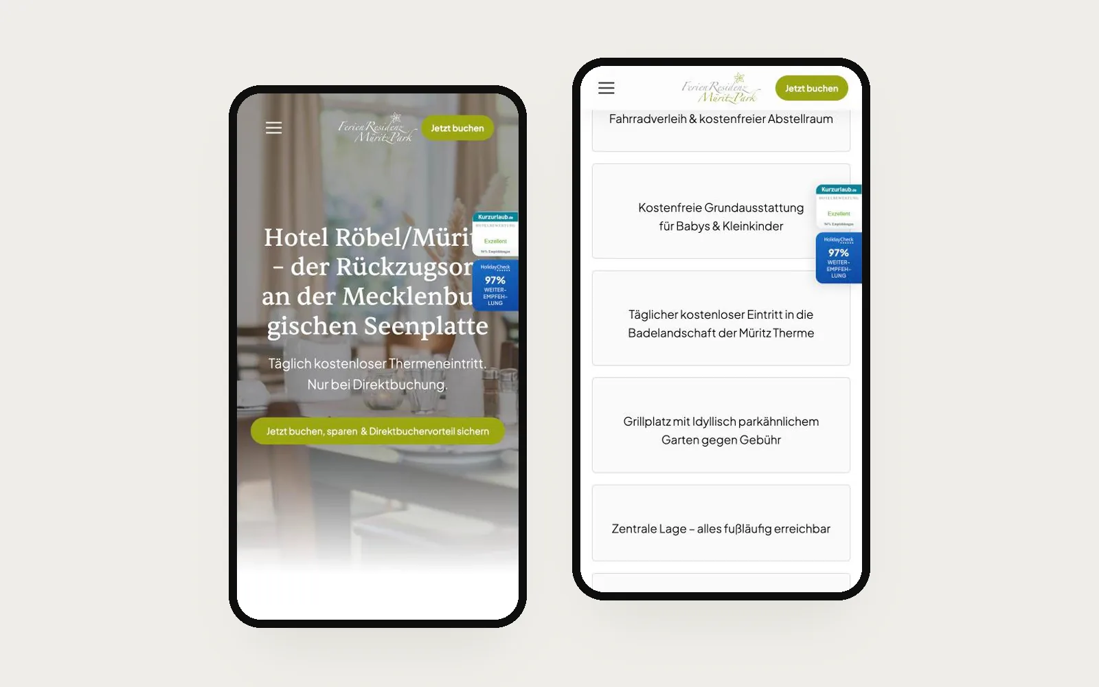 FerienResidenz MüritzPark auf zwei Handys: Startseite und Highlights