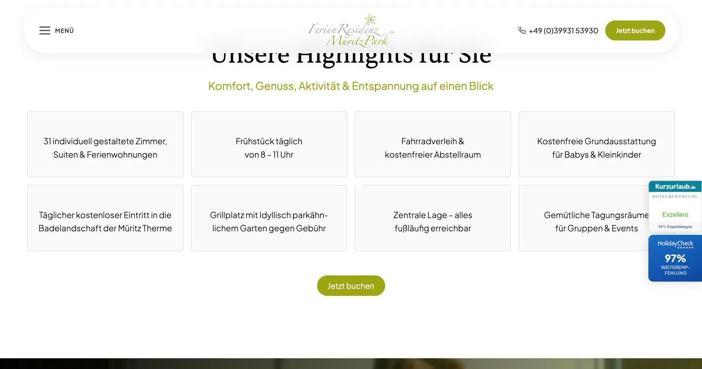 Die Highlights des Hotels als Raster mit Buchungsbutton