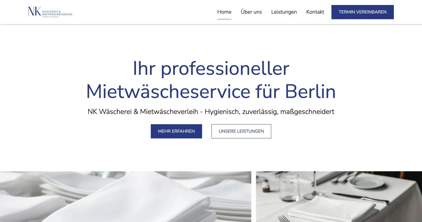 Startseite der NK Wäscherei mit Fotos von Tischwäsche