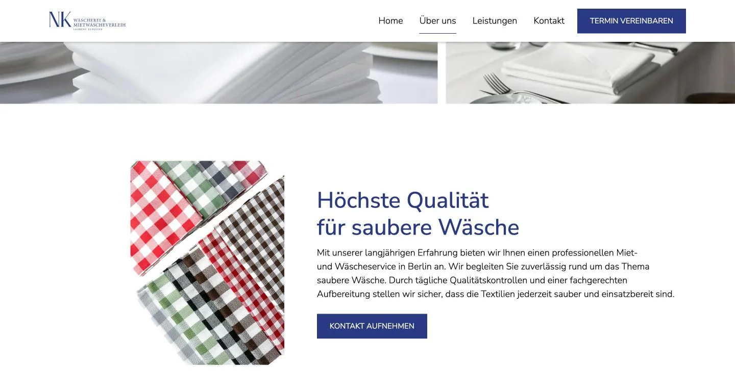 Abschnitt „Höchste Qualität für saubere Wäsche“ mit Foto karierter Tischdecken