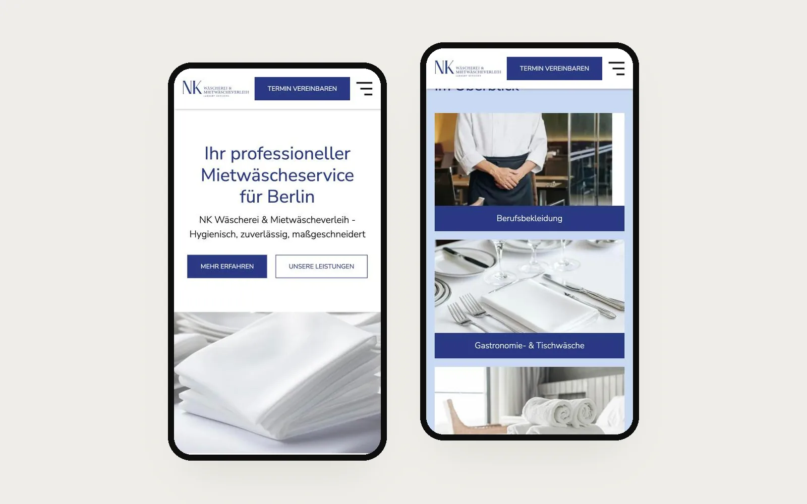NK Wäscherei auf zwei Handys: Startseite und Leistungen