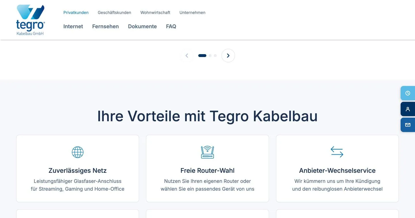 Karten mit den Vorteilen von Tegro Kabelbau