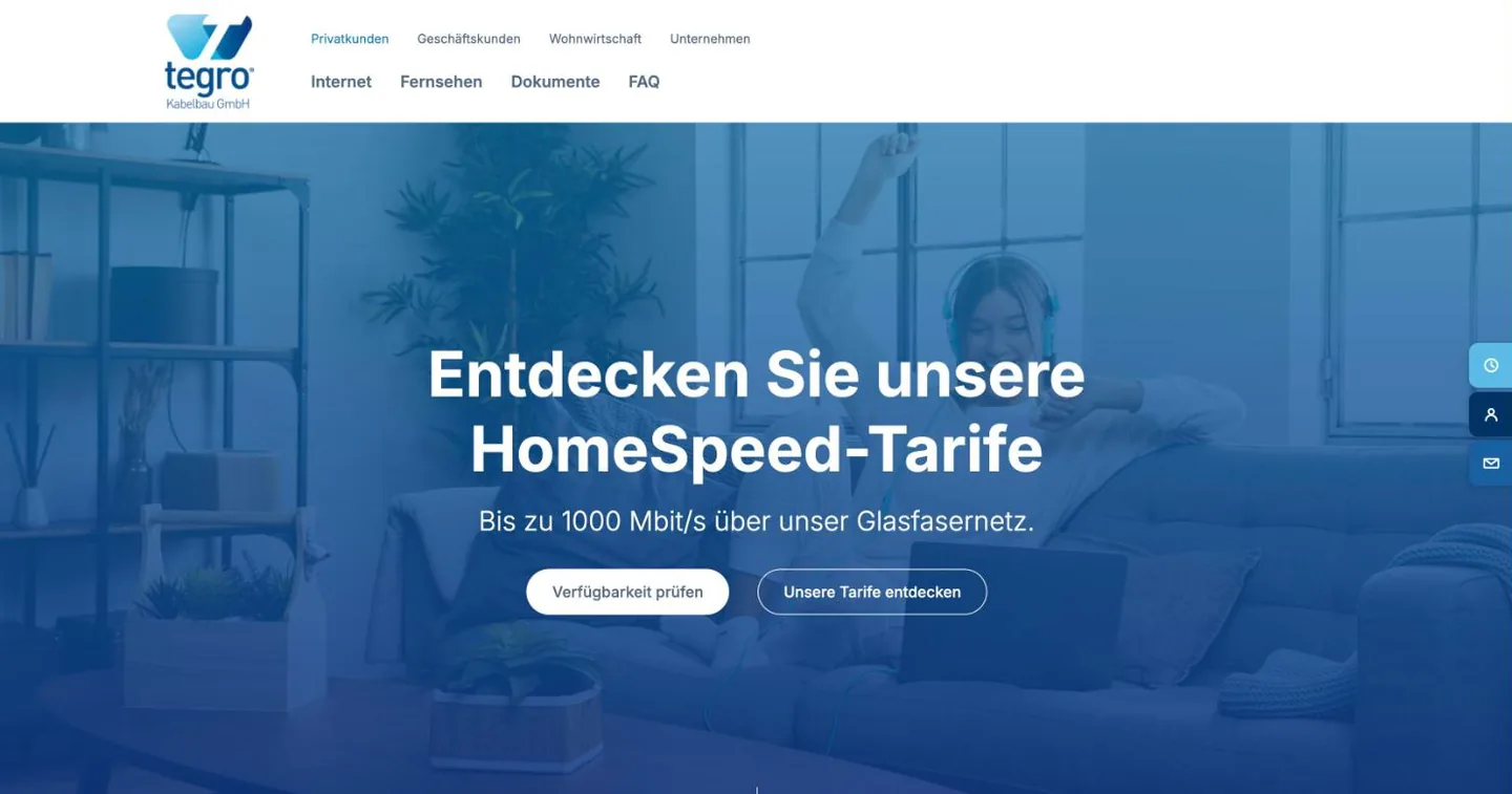 Startseite von Tegro Kabelbau mit den HomeSpeed-Tarifen
