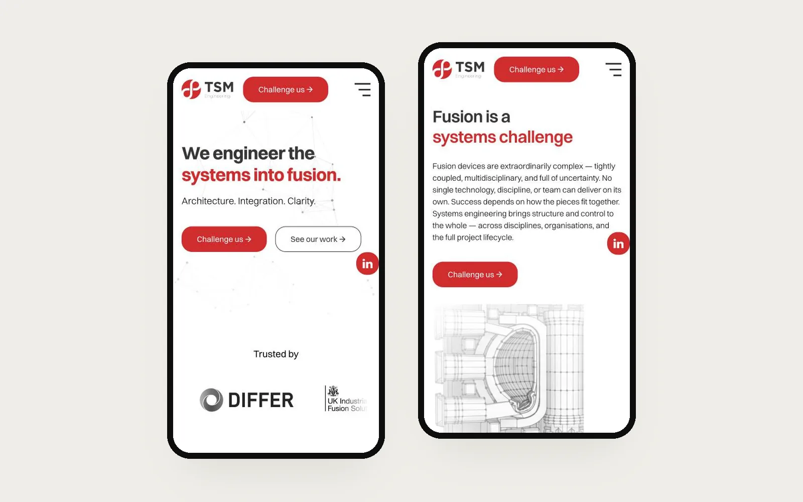 TSM Engineering auf zwei Handys: Startseite und Mission