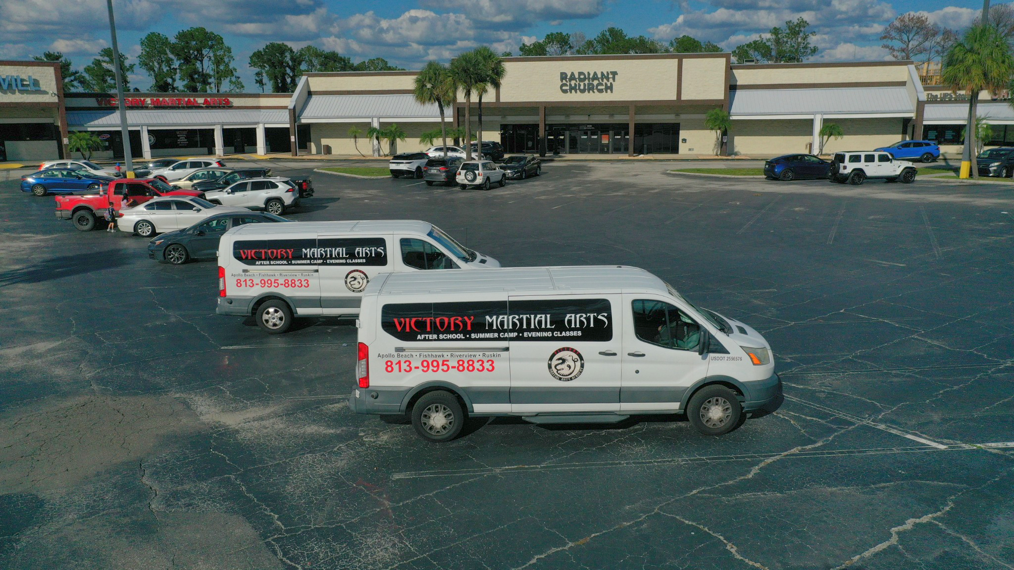 Victory school pickup vans viewed from above
