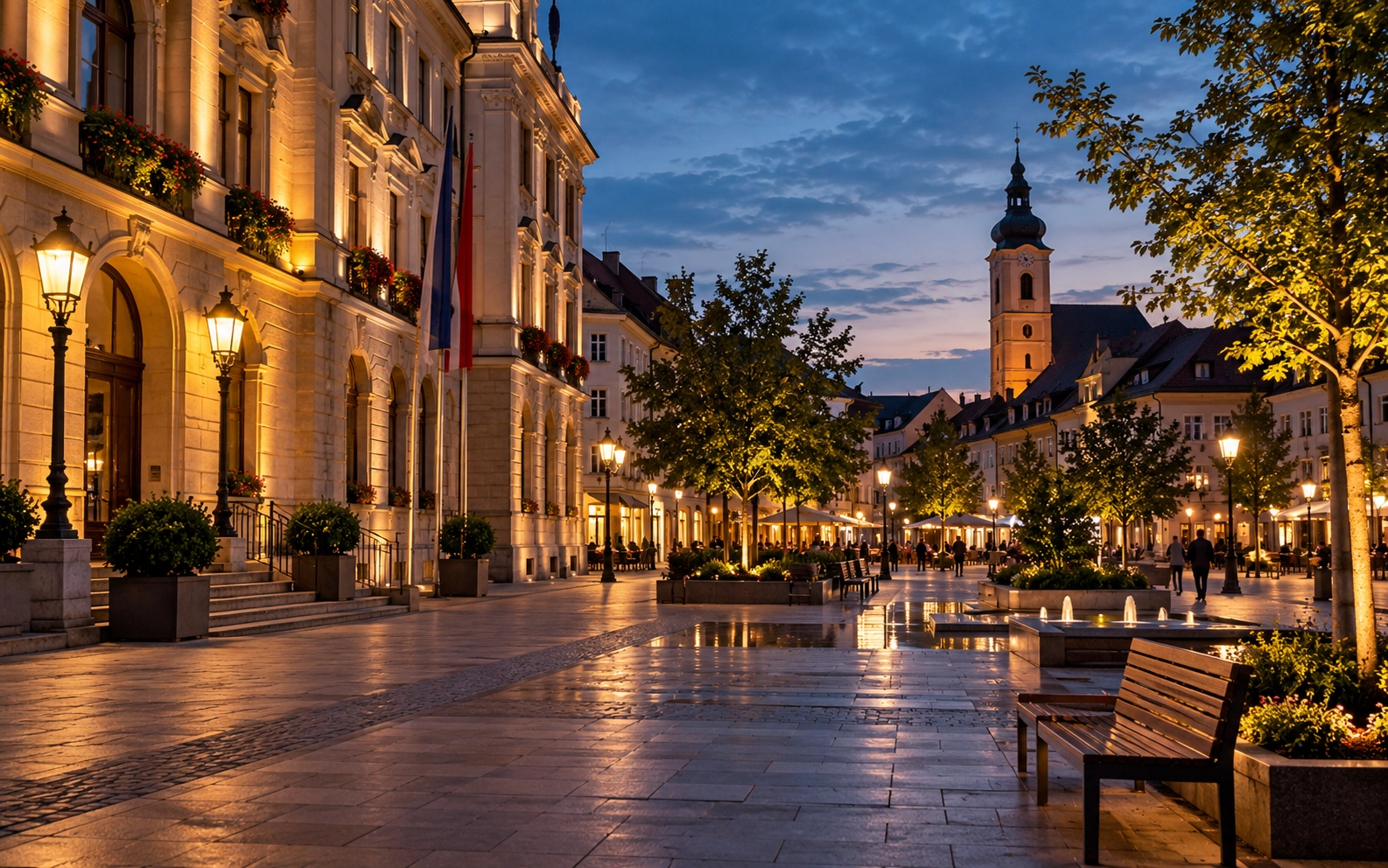 Öffentlicher Stadtplatz mit beleuchteten Gebäuden