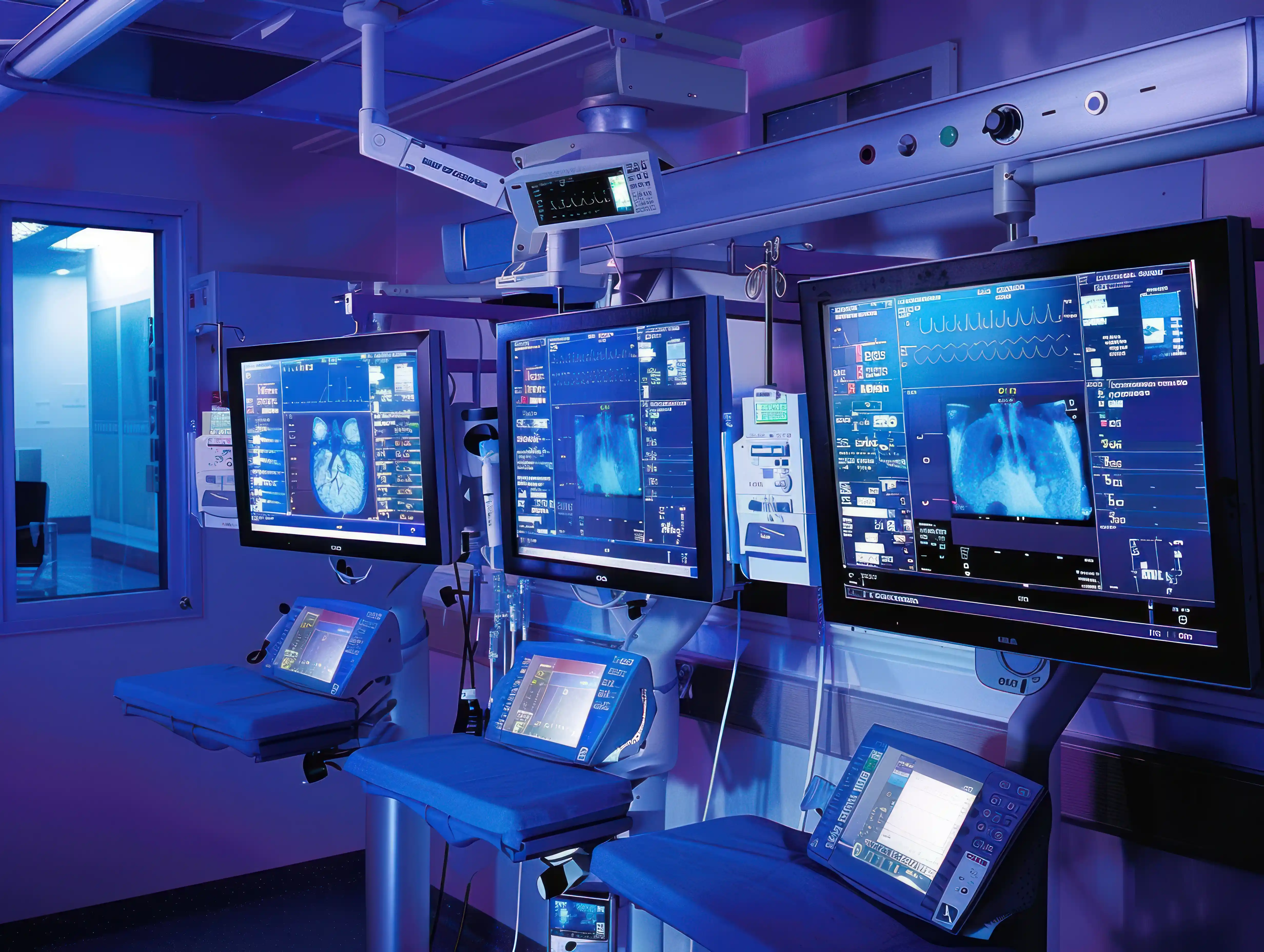 Moderner Operationssaal mit hochauflösenden Monitoren für Vitalwerte und Bildgebung