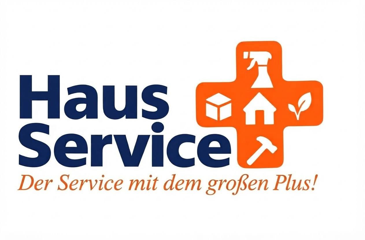 Logo von ‚Haus Service‘ mit dem Slogan ‚Der Service mit dem großen Plus!‘. Rechts ein oranges Kreuz mit Symbolen für Reinigung, Paket, Haus, Pflanze und Hammer.