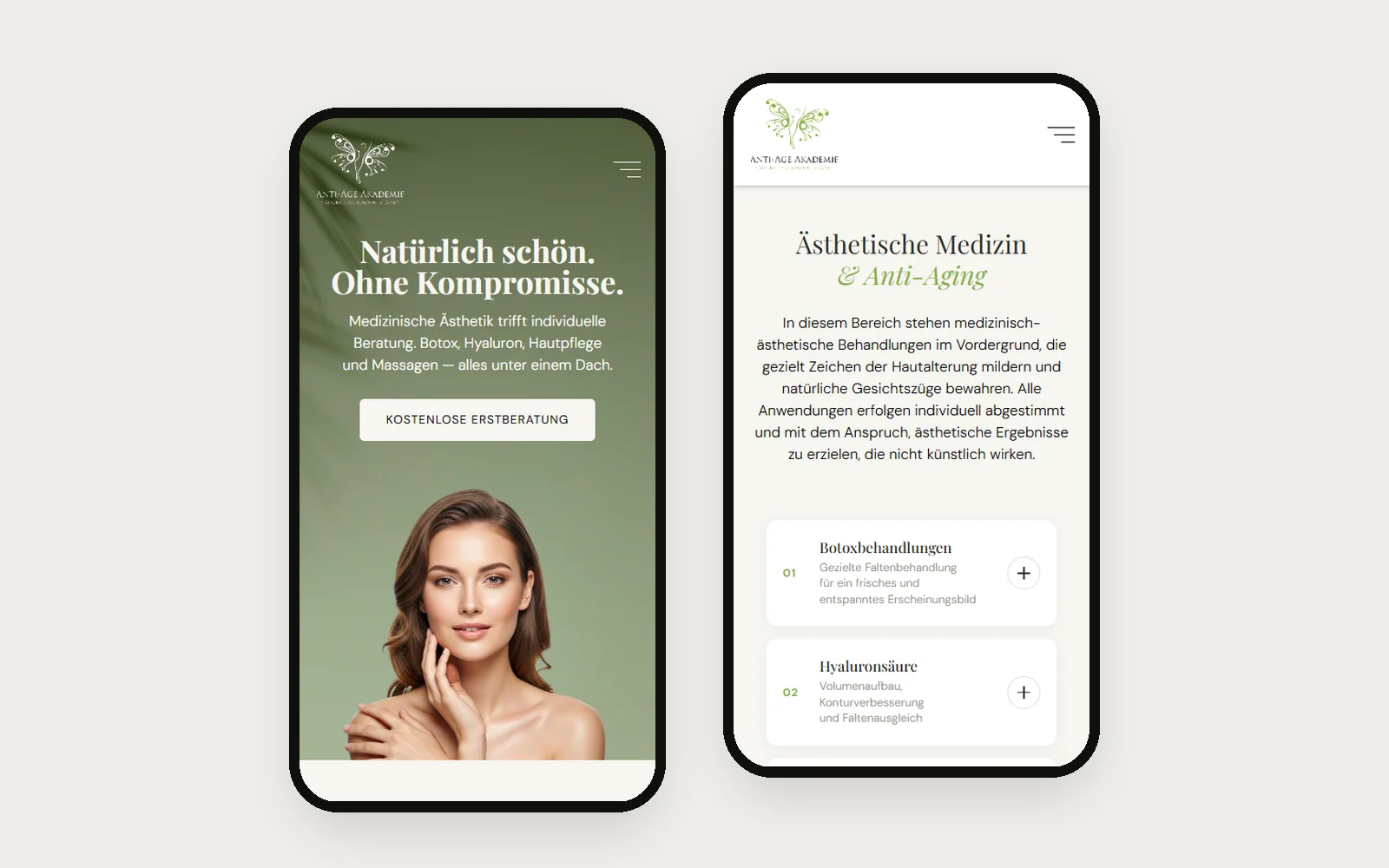 KAJ Anti-Age auf zwei Handys: Startseite und die Seite Ästhetische Medizin