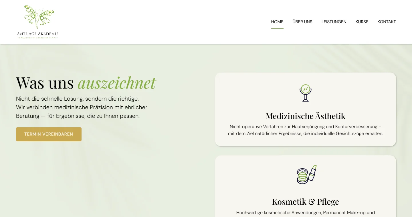 Abschnitt „Was uns auszeichnet“ mit den Schwerpunkten Medizinische Ästhetik und Kosmetik & Pflege