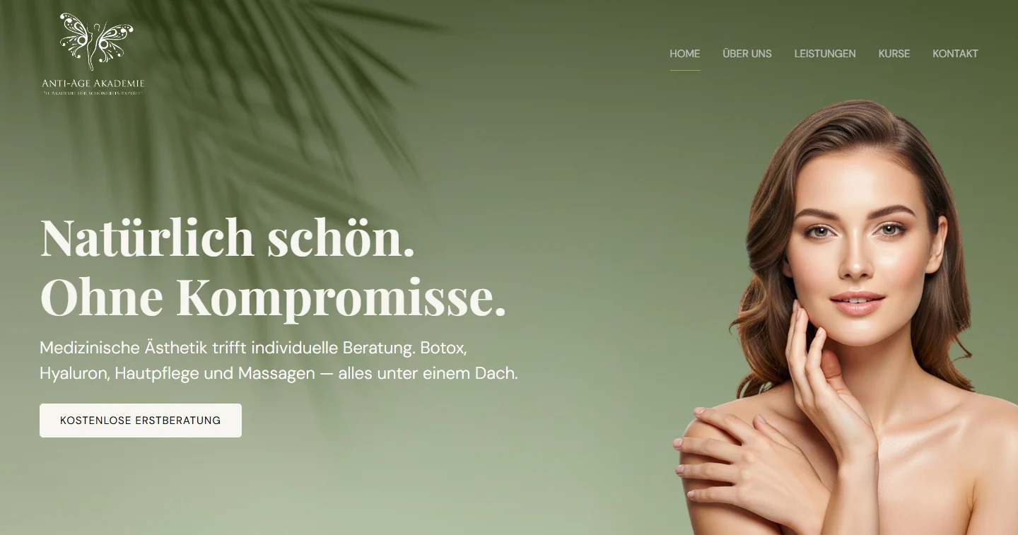 Startseite von KAJ Anti-Age mit der Überschrift „Natürlich schön. Ohne Kompromisse.“