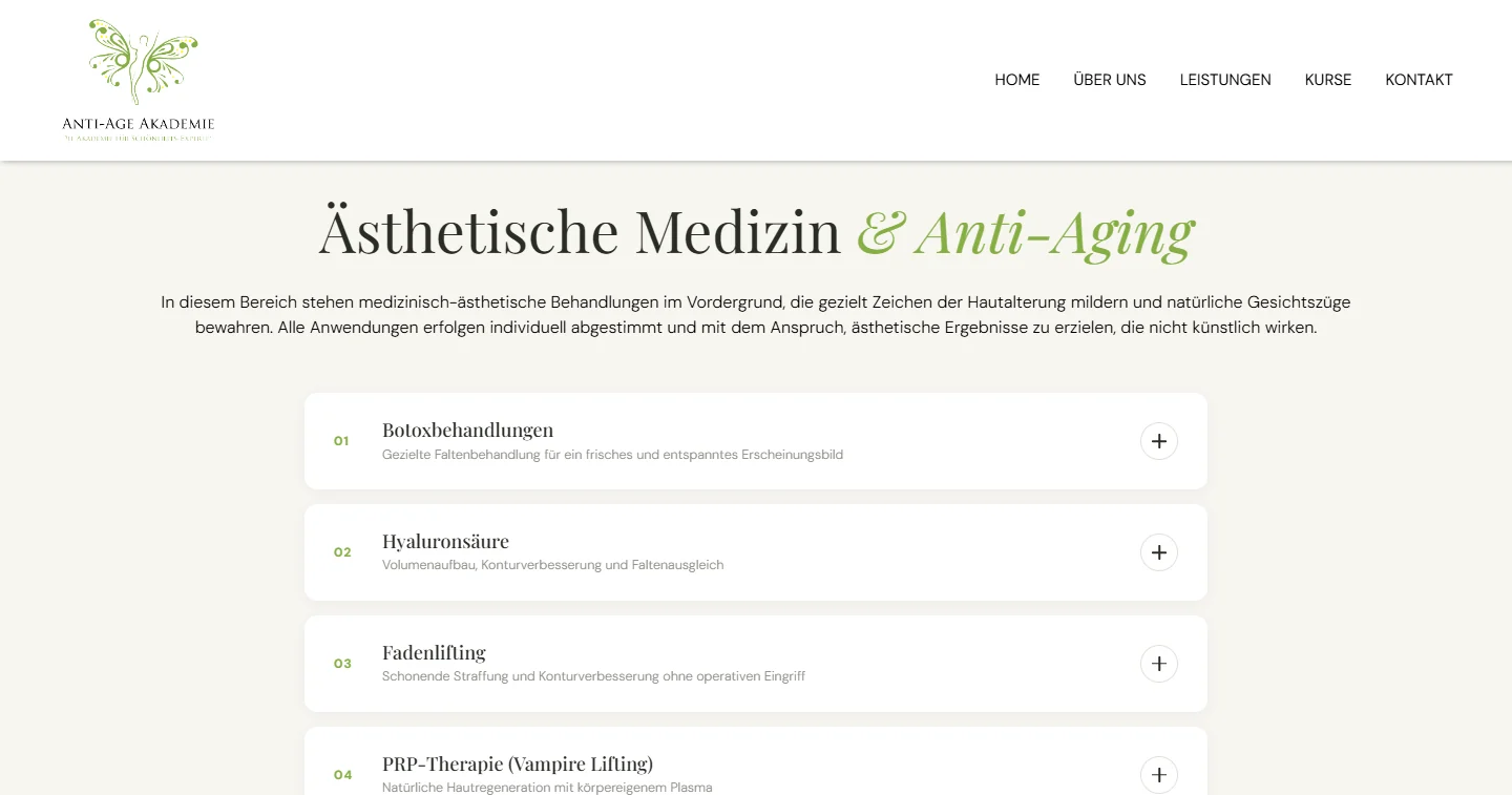 Seite Ästhetische Medizin mit aufklappbaren Behandlungen