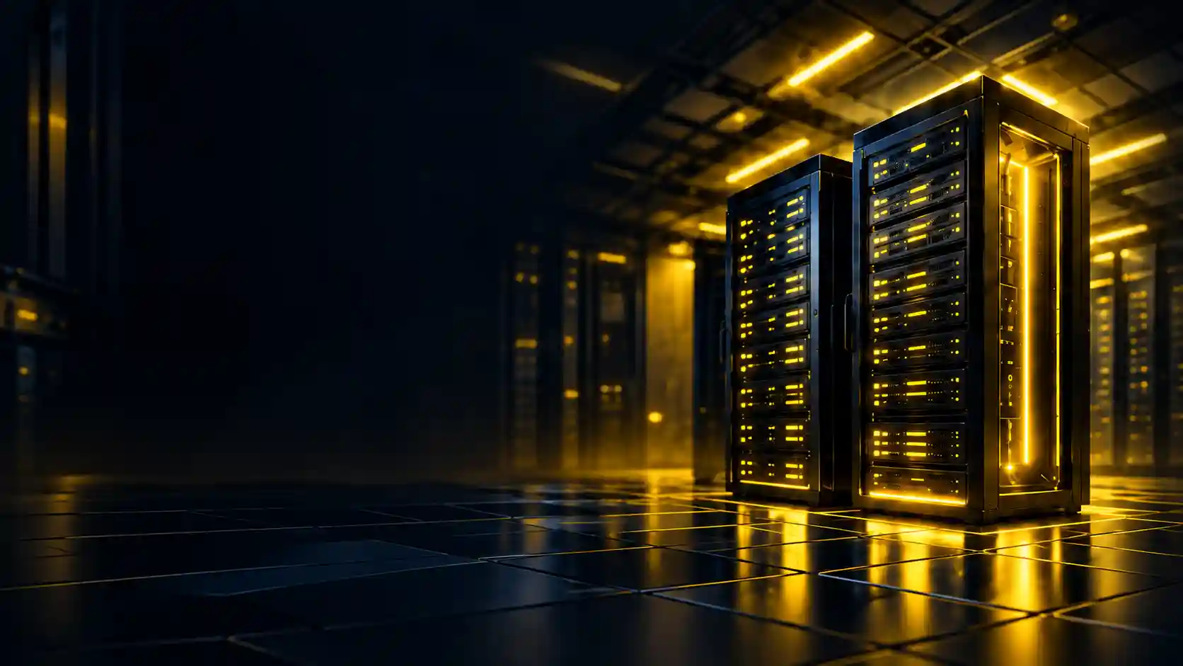 Gold-lit VPS server racks in a modern data center
