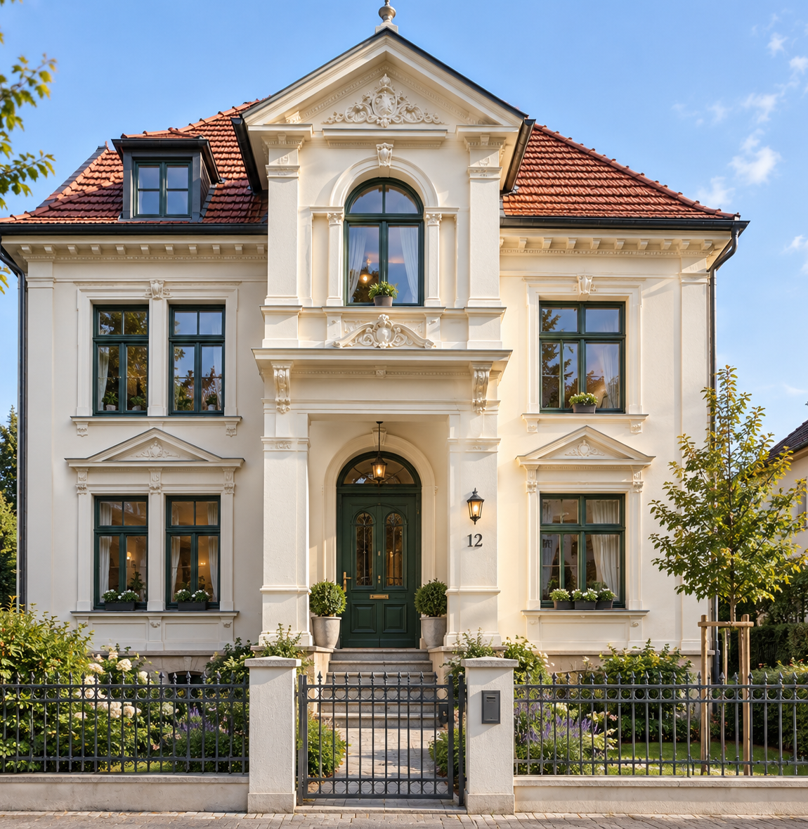 Restaurierte historische Fassade eines Altbaus in Stralsund