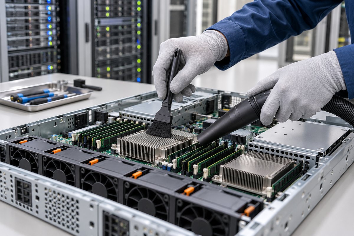 Sorgfältige Reinigung eines geöffneten Servers mit geeigneten Werkzeugen – symbolisches Motiv
