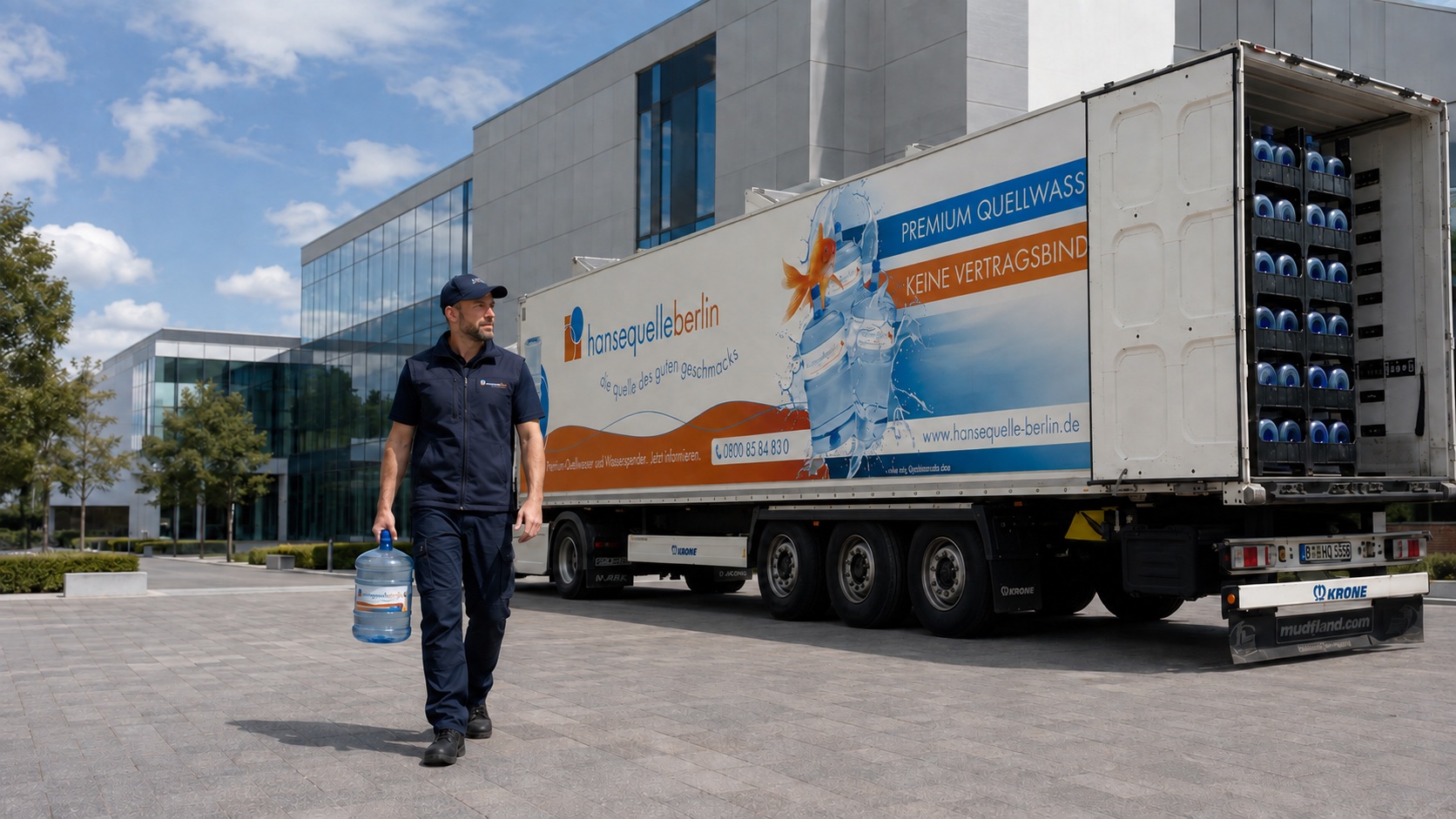Eigener Fahrer mit Gallonen vor dem Transporter
