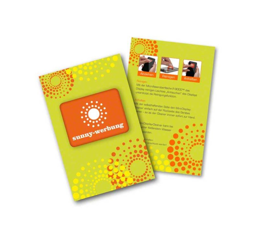 Reinigungspad mit sonnigem Design auf Infokarte