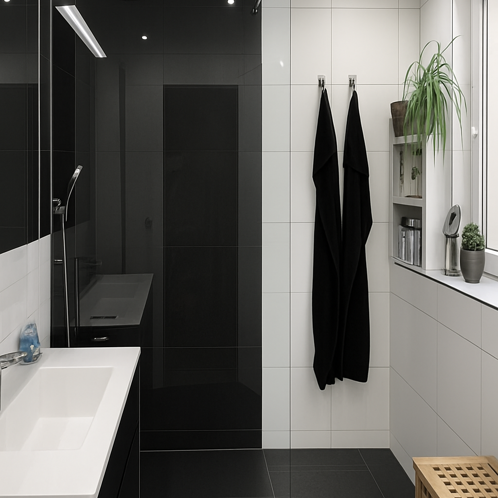 moderne Dusche schwarz weiss, SHT Haustechnik, Ditzingen