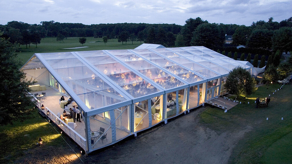 Stretchzelt für Event in beige von oben