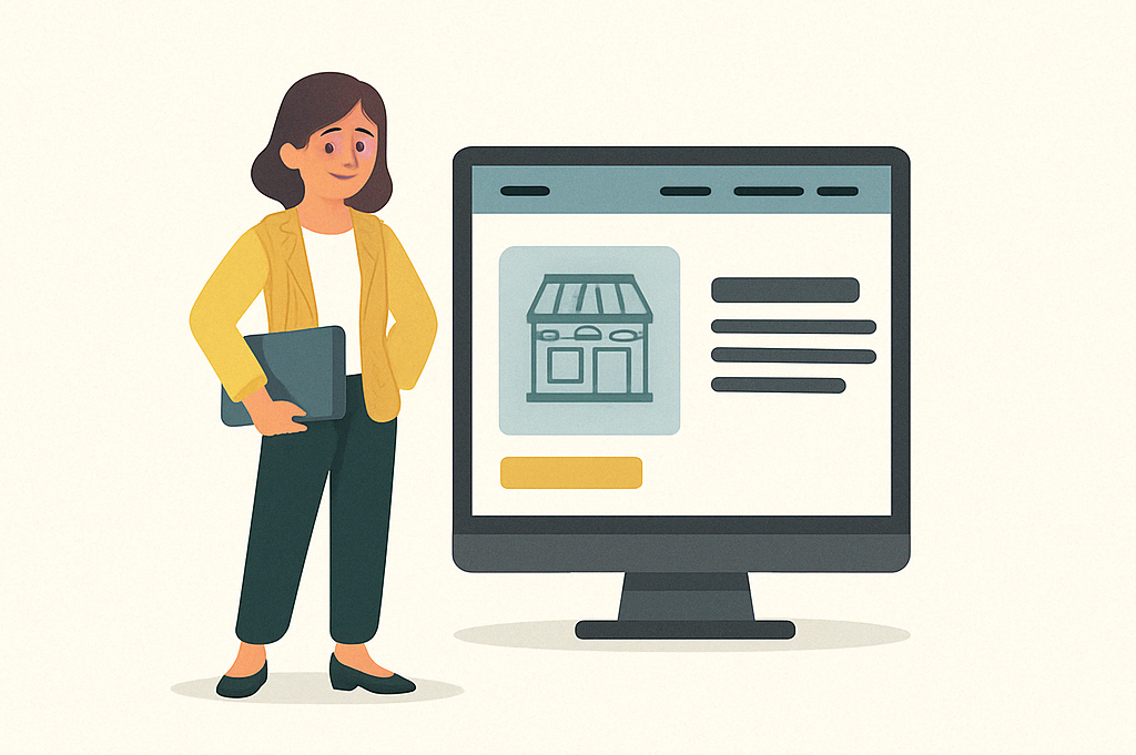 Illustration einer Frau mit Laptop vor einem Monitor mit Unternehmenswebsite – Symbolbild für professionelle Websites für kleine Unternehmen