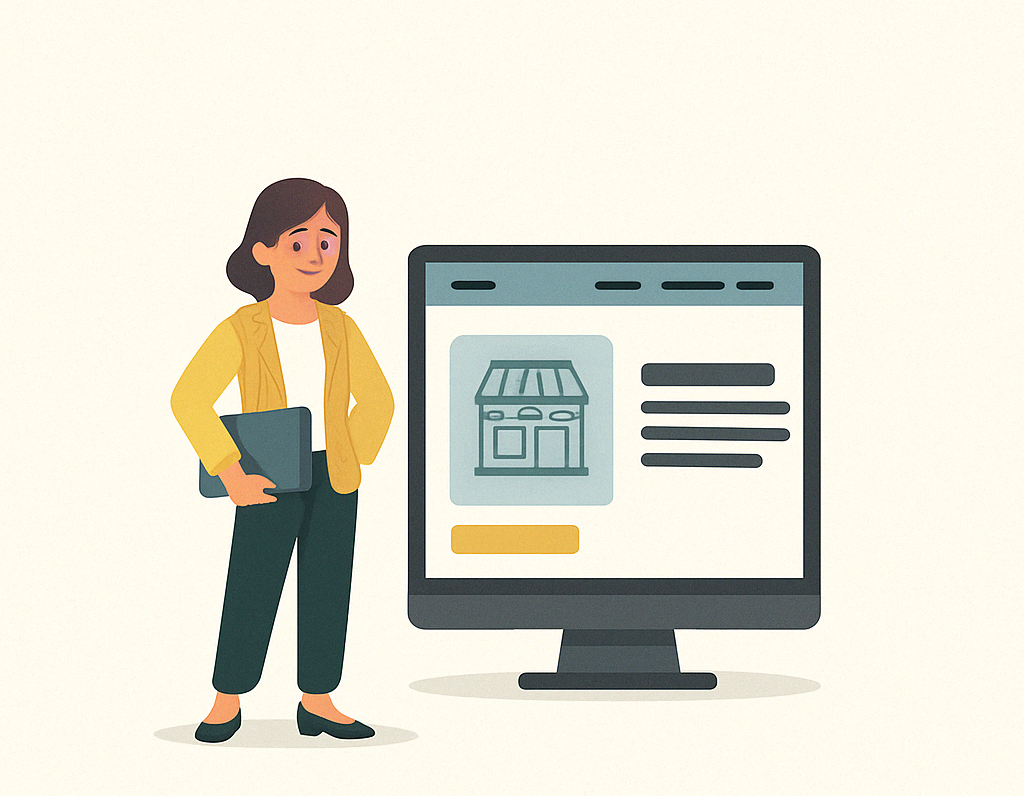 Illustration einer Frau mit Laptop vor einem Monitor mit Unternehmenswebsite – Symbolbild für professionelle Websites für kleine Unternehmen