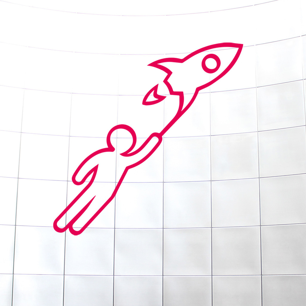 Illustration eines Männchens, das an einer Rakete in den Himmel aufsteigt
