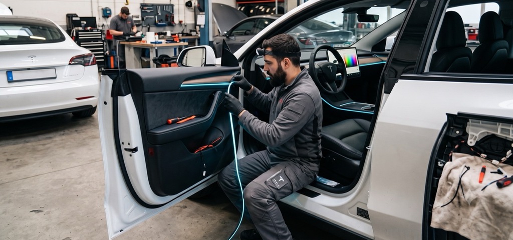 Einbau einer Ambientebeleuchtung in der Werkstatt Deadperformance Berlin im Tesla
