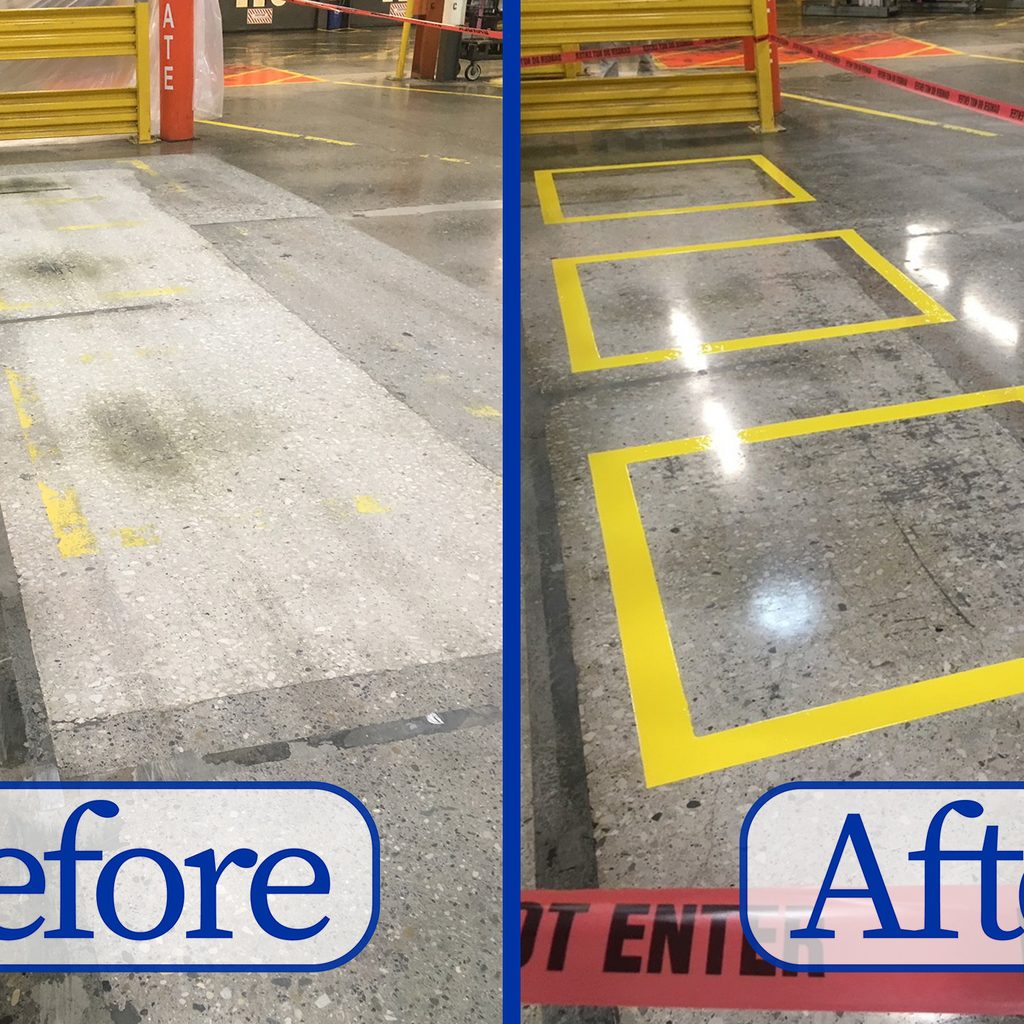 Before/After Concrete Polish & Epoxy Line Marking