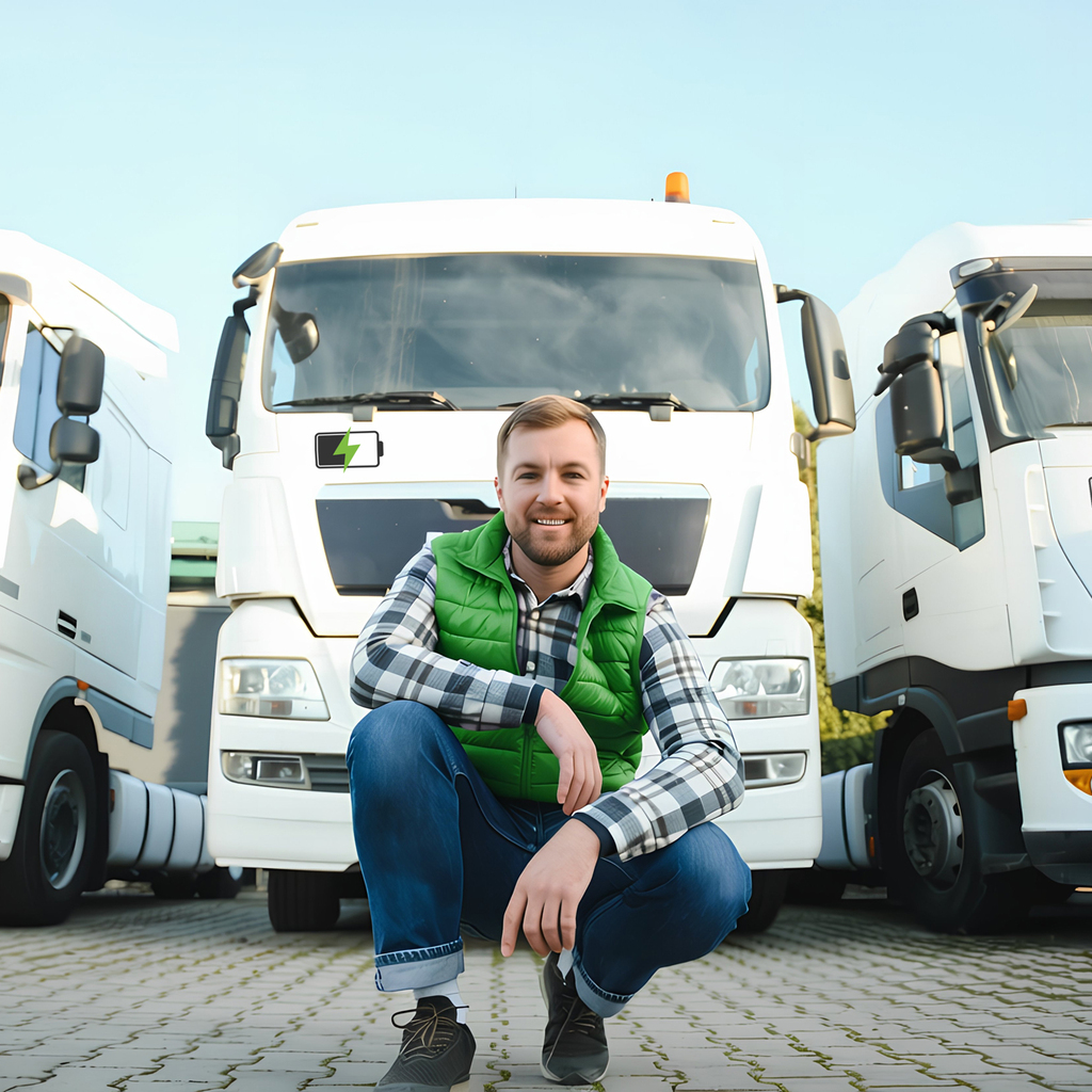 Mann kniet vor Frontansicht von LKWs - individuelle Lösungen für vielfältige Anwendungsfälle, beispielsweise Güterverkehr