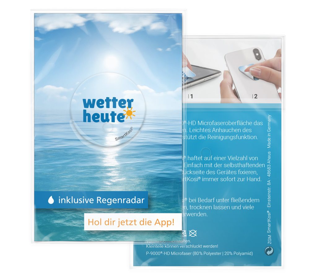 Reinigungspad mit App-Werbung „wetter heute“ auf Meeresmotiv