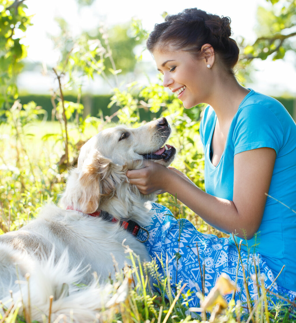 A young woman sitting in amongst wild flowers petting her golden retriever dog
