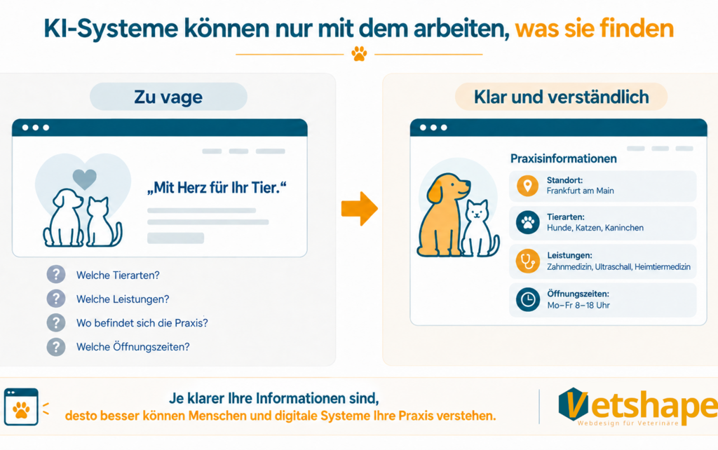 Vergleich zwischen vagen und klaren Praxisinformationen auf einer Tierarztpraxis-Website mit Angaben zu Standort, Tierarten, Leistungen und Öffnungszeiten.