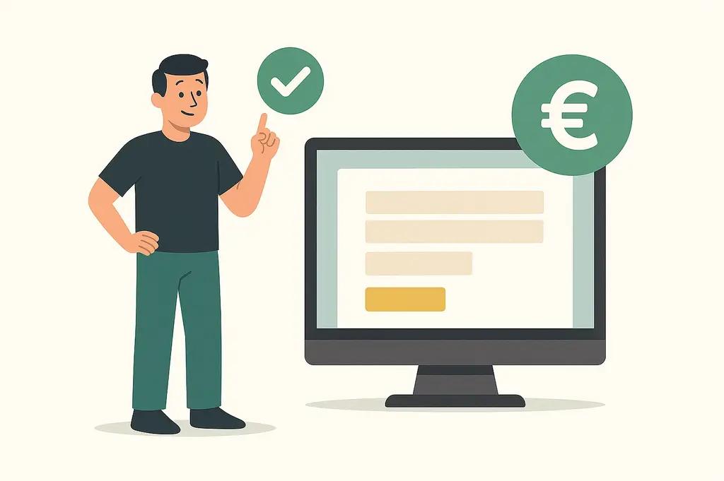 Illustration im Flat-Stil zeigt eine Person neben einem Laptop mit SEO-Symbolen wie Lupe, Diagrammen und Ranking-Sternen, symbolisiert die langfristige Kundengewinnung durch Suchmaschinenoptimierung.