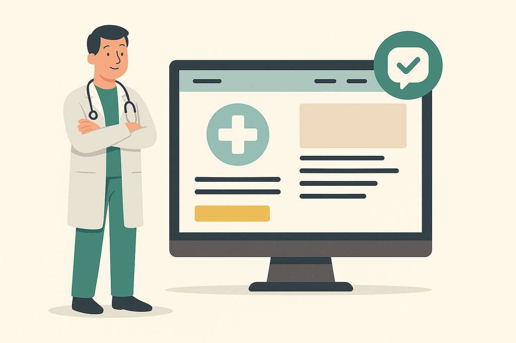Illustration einer Ärztin, die vor einem modernen Computerbildschirm steht – symbolisiert die Bedeutung einer professionellen Website für Arztpraxen