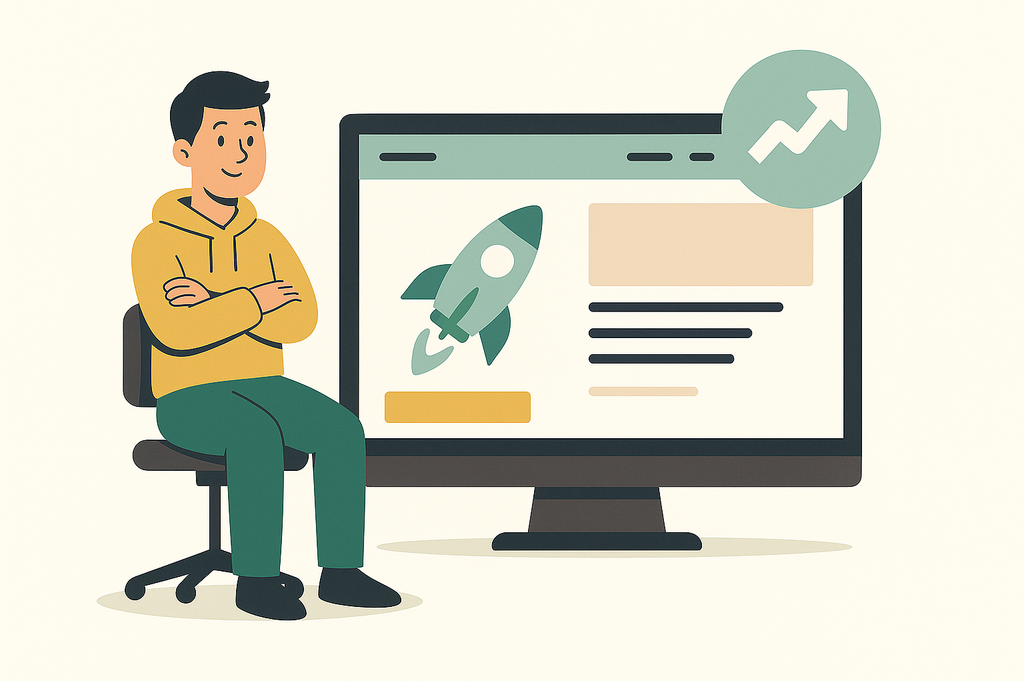 Flache, digitale Illustration: Eine junge Unternehmerin arbeitet an einem Laptop, während KI-Elemente und futuristische Symbole den kreativen Prozess der Website-Erstellung unterstützen.
