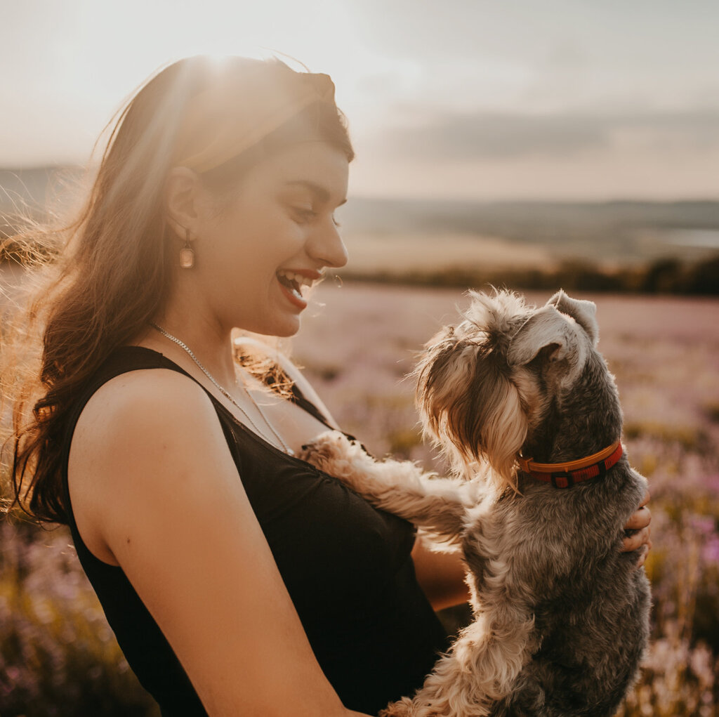 A woman standing in a field at sunset holding her terrier dog