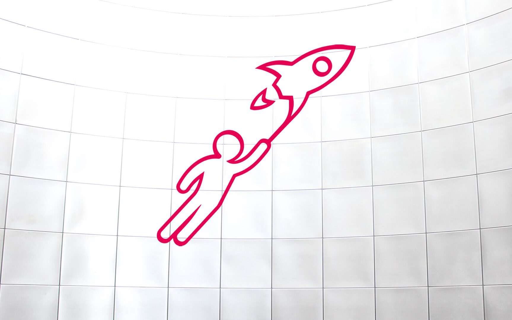 Illustration eines Männchens, das an einer Rakete in den Himmel aufsteigt