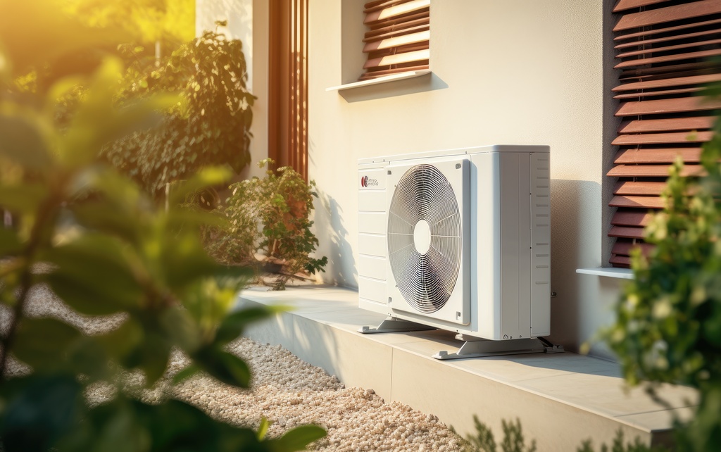 LG Wärmepumpe vor modernem Einfamilienhaus