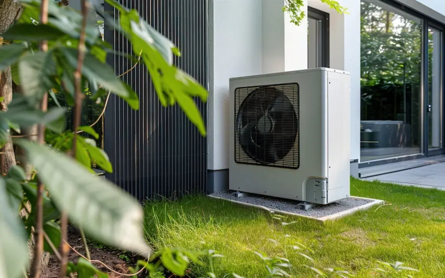 Moderne Wärmepumpe vor einem Wohnhaus als effiziente Heizlösung