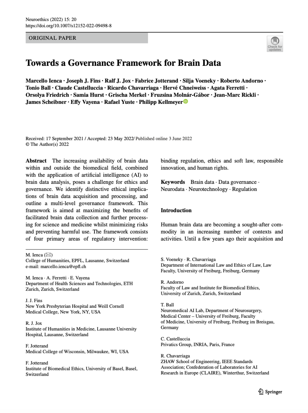 Ienca M., Fins J.J., Jox R.J., Friedrich O., Kellmeyer P. (2022): Towards a Governance Framework for Brain Data. Neuroethics 15:20