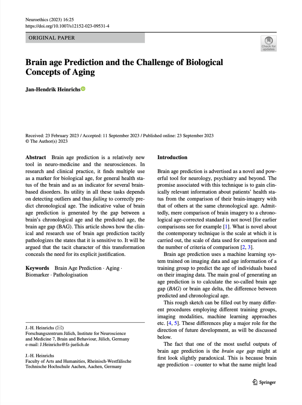 Heinrichs, J.-H. (2023). Brain age Prediction and the Challenge of Biological Concepts of Aging. Neuroethics, 16(3), 25