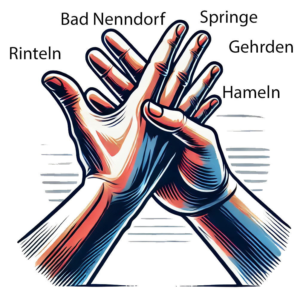 Zwei stilisierte Hände mit Städtenamen der Nierenzentren.