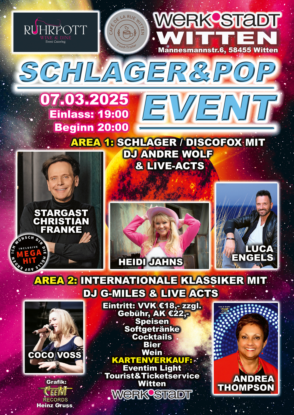 Ruhrpott Wine&Dine präsentiert euch in der Eventreihe 2025 -DAS Schlager&Pop Event- in Area 1 mit Live Acts und Discofox. In Area 2 kommen die Liebhaber der Musik von den 70gern bis heute auf ihre Kosten. Auch hier sind zwei Live Acts die die Tanzfläche rocken. Freut euch auf einen Abend mit leckeren Speisen, Cocktails und Wein und viele nette Leute.