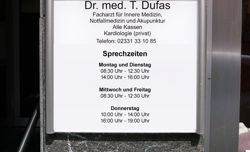 Öffnungszeiten der Hausarztpraxis Dr. med. T. Dufas