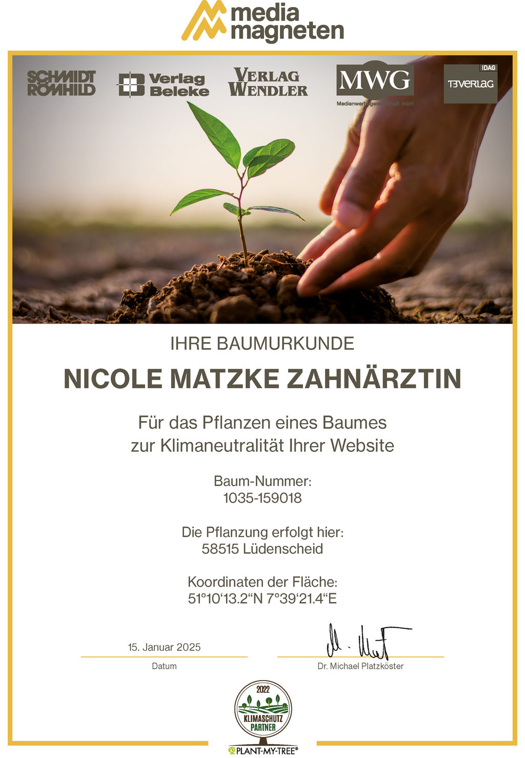 Nicole Matzke Zahnärztin Baumurkunde