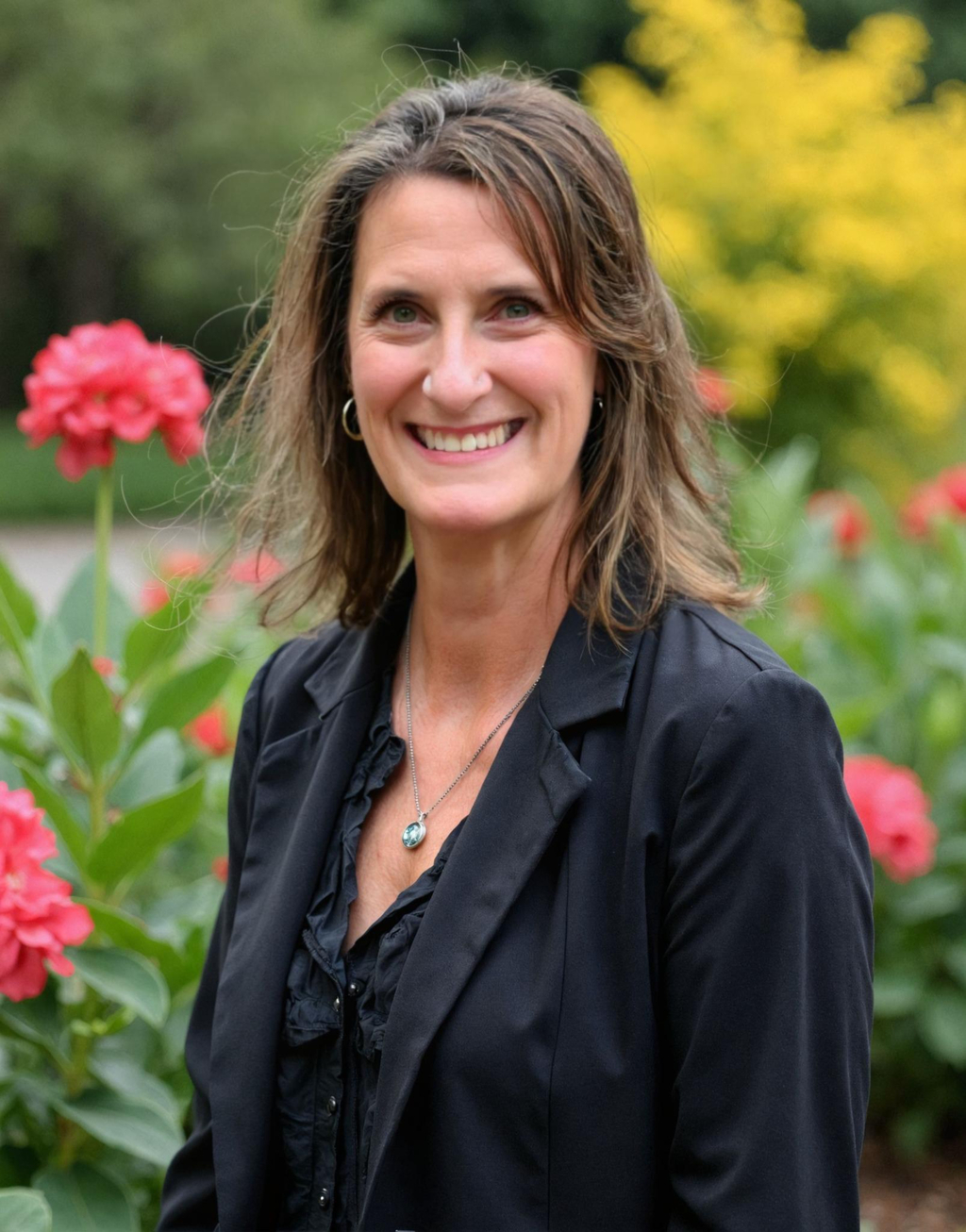 EFT Practitioner Penn Treado smiles at the camera, with her beautiful bay horse, Fancy, next to her in a leather head collar.